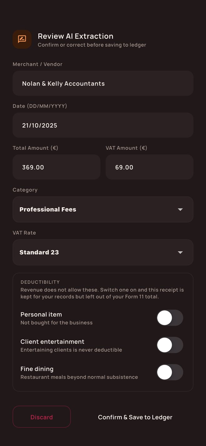The Claim Radar review screen: a receipt from Nolan and Kelly Accountants, 369.00 with 69.00 VAT, filed under Professional Fees, with switches for personal item, client entertainment and fine dining